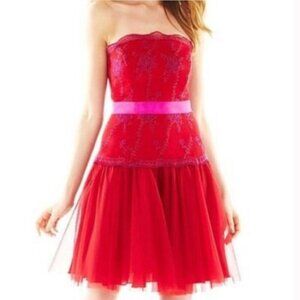 Pearl Georgina Chapman of Marchesa Mini Dress Red Pink Tulle Sz 4 Strapless